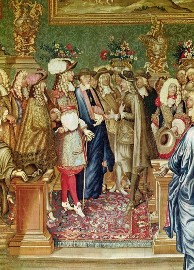 Het verhaal van de koning, een audiëntie verleend door Lodewijk XIV aan de graaf van Fuentes, ambassadeur van koning Filips IV van Spanje in het Louvre, 24 maart 1662 (detail) door Charles Le Brun